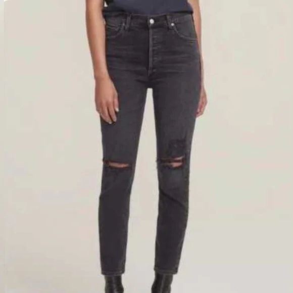 Agolde Nico High Waisted Cassette Distressed Button Fly Black Jeans Size 27 - Picture 4 of 9